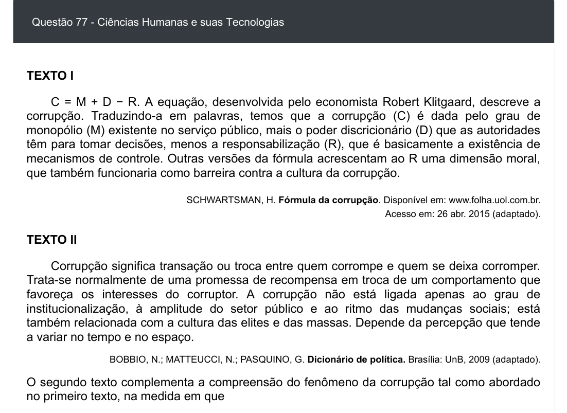 Enunciado visual completo da questão 77 do ENEM 2020 - 1º Dia - Caderno 4 – Rosa – Espanhol – Aplicação digital, página 85.