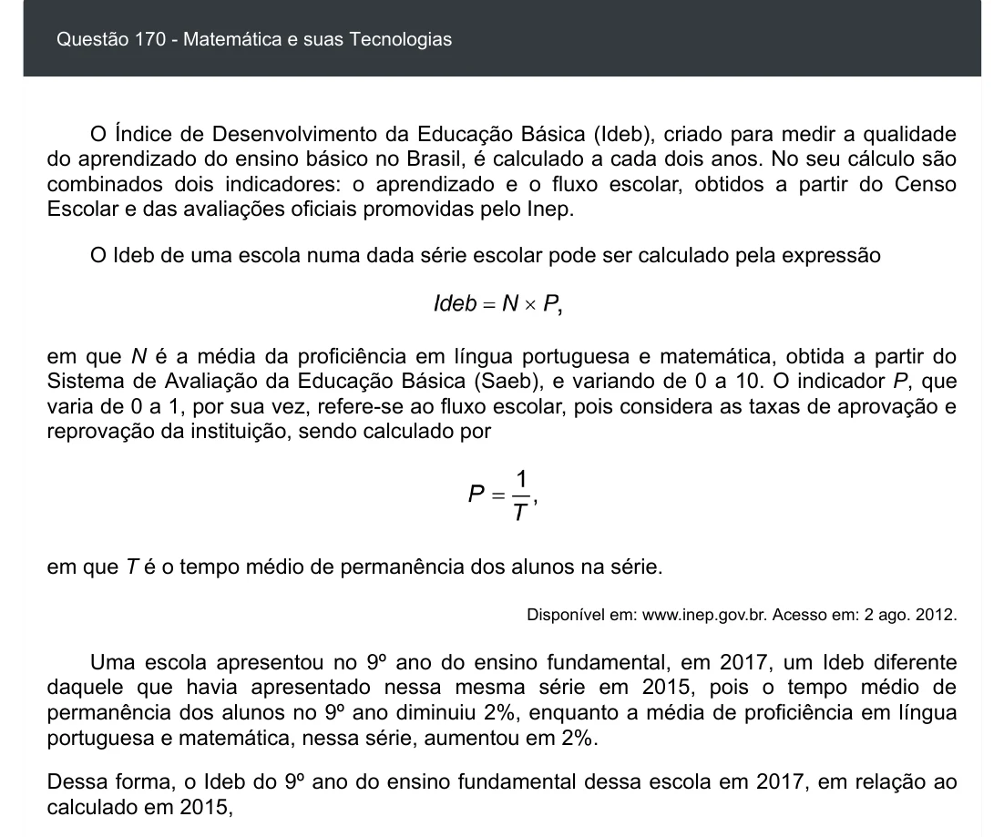 Enunciado visual completo da questão 170 do ENEM 2020 - 2º Dia - Caderno 5 – Amarelo – Aplicação digital, página 86.