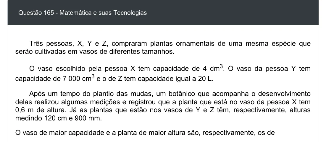 Enunciado visual completo da questão 165 do ENEM 2020 - 2º Dia - Caderno 5 – Amarelo – Aplicação digital, página 81.