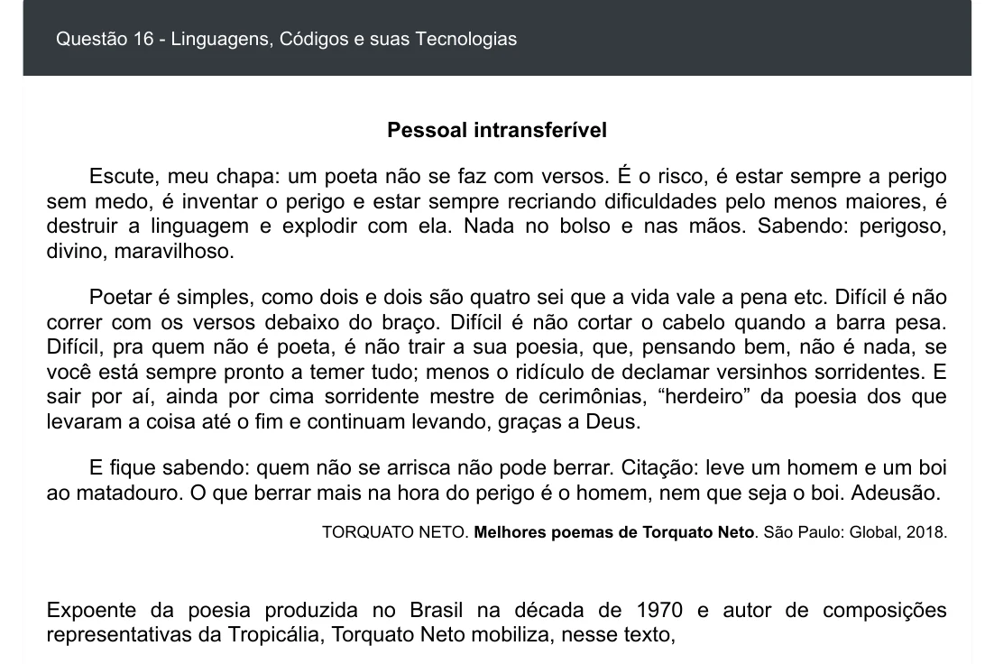 Enunciado visual completo da questão 16 do ENEM 2020 - 1º Dia - Caderno 3 – Branco – Inglês – Aplicação digital, página 20.