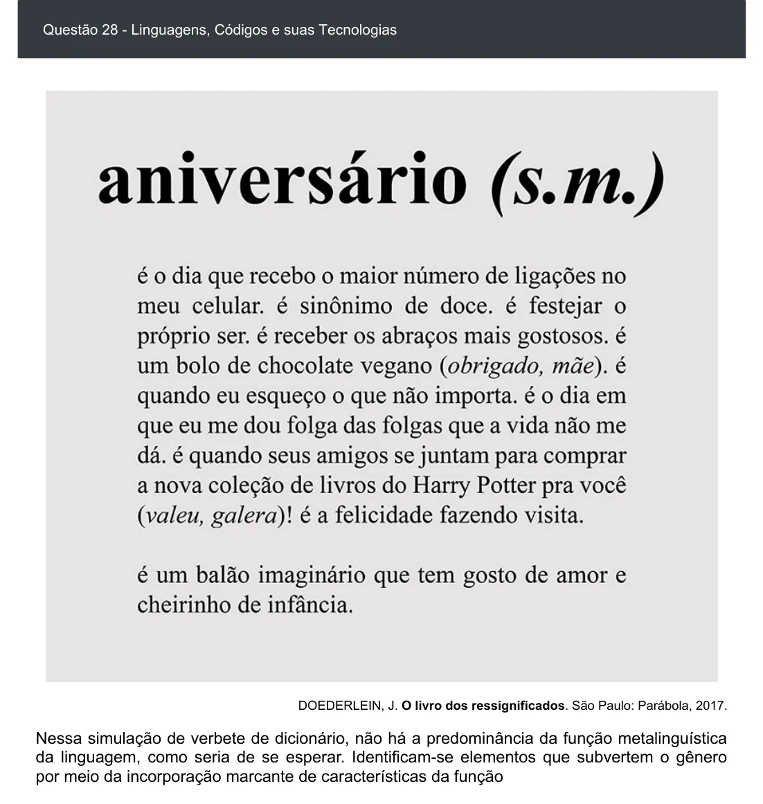 Enunciado visual completo da questão 28 do ENEM 2020 - 1º Dia - Caderno 3 – Branco – Espanhol – Aplicação digital, página 33.