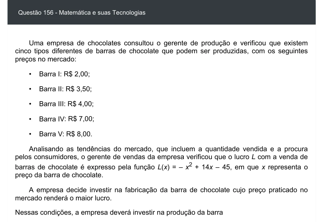 Enunciado visual completo da questão 156 do ENEM 2020 - 2º Dia - Caderno 5 – Amarelo – Aplicação digital, página 71.