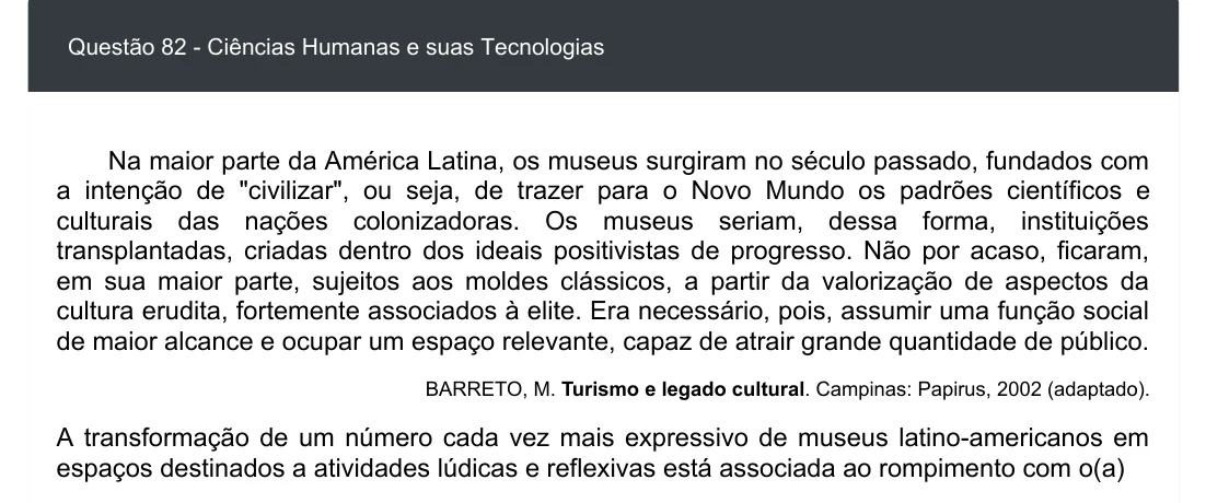 Enunciado visual completo da questão 82 do ENEM 2020 - 1º Dia - Caderno 4 – Rosa – Espanhol – Aplicação digital, página 90.