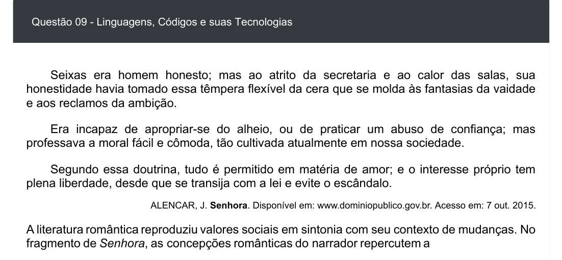 Enunciado visual completo da questão 9 do ENEM 2020 - 1º Dia - Caderno 4 – Rosa – Espanhol – Aplicação digital, página 13.