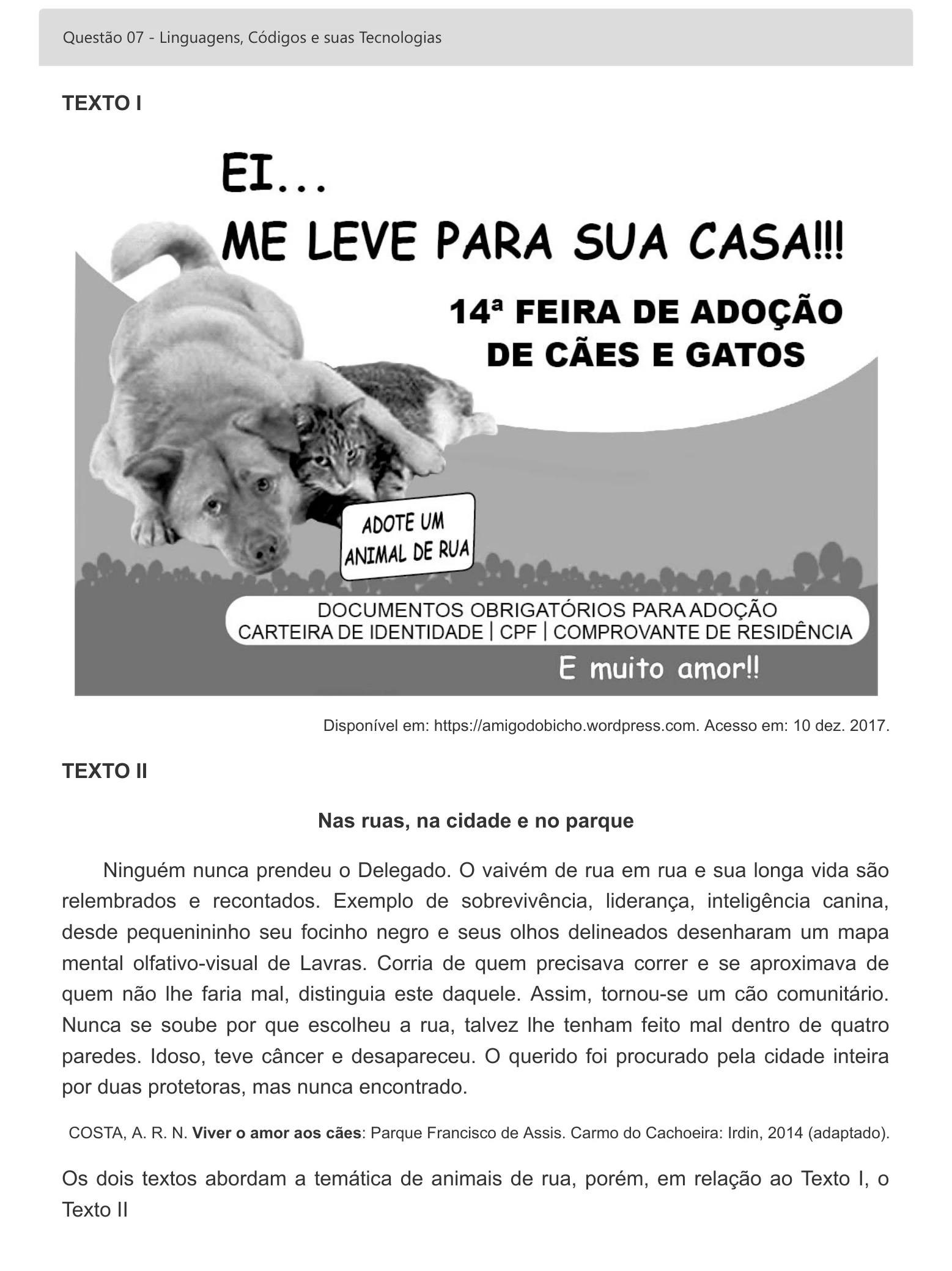 Enunciado visual completo da questão 7 do ENEM 2022 - 1º Dia – Caderno 1 – Azul – Espanhol – Aplicação digital, página 15.