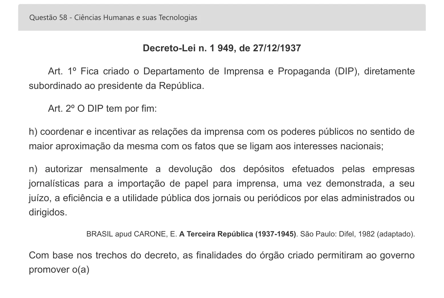 Enunciado visual completo da questão 58 do ENEM 2022 - 1º Dia – Caderno 3 – Branco – Espanhol – Aplicação digital, página 72.