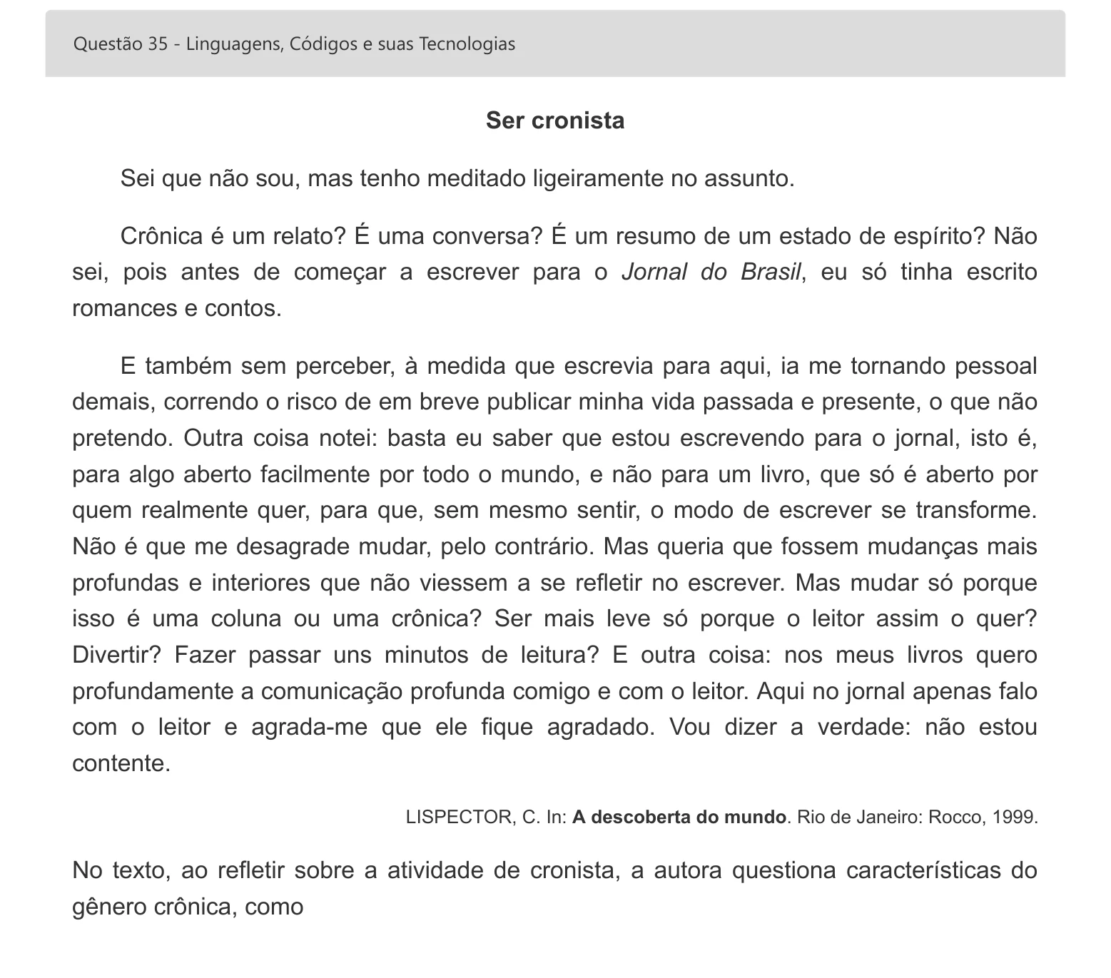 Enunciado visual completo da questão 35 do ENEM 2022 - 1º Dia – Caderno 1 – Azul – Espanhol – Aplicação digital, página 44.
