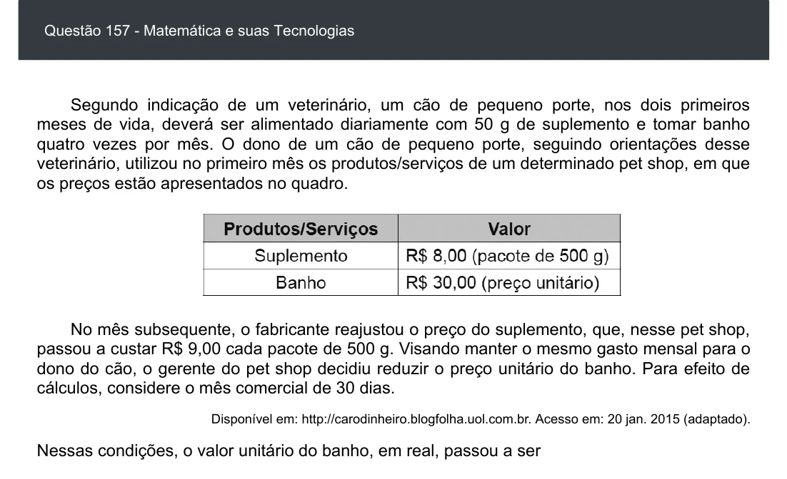Enunciado visual completo da questão 157 do ENEM 2020 - 2º Dia - Caderno 8 – Rosa – Aplicação digital, página 72.