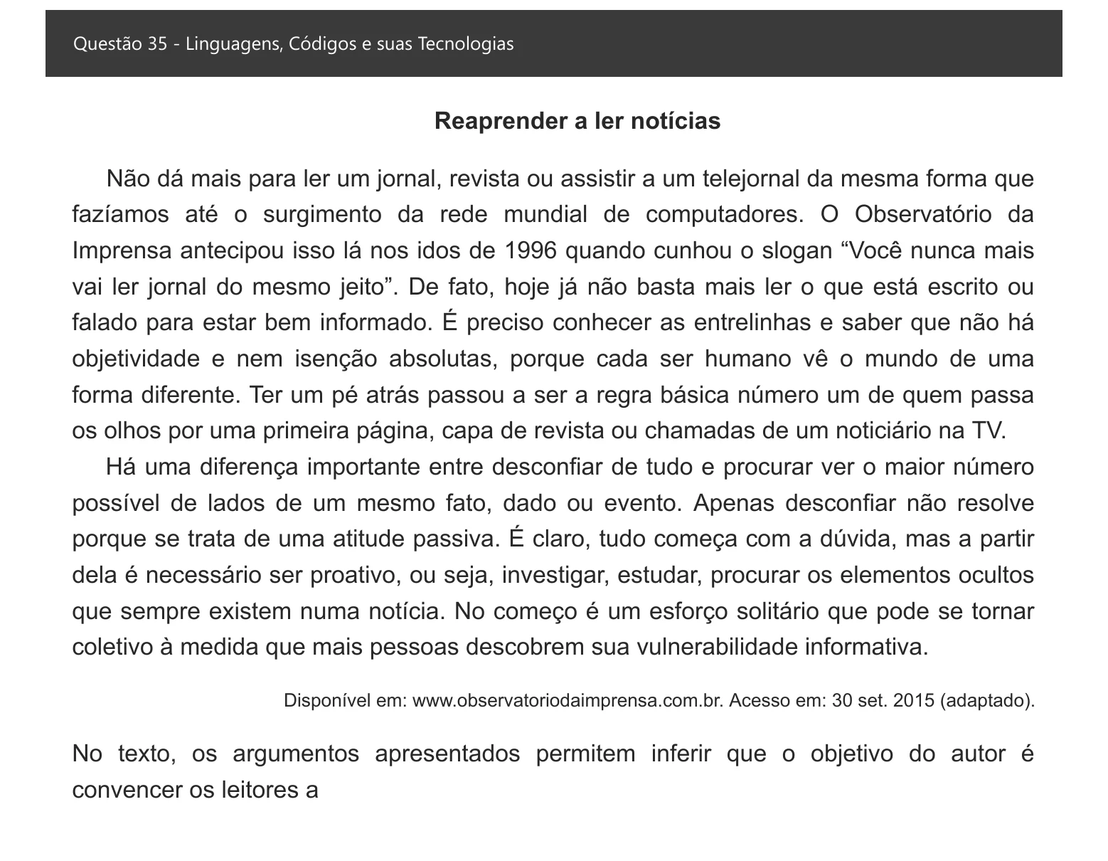 Enunciado visual completo da questão 35 do ENEM 2021 - 1º Dia – Caderno 2 – Amarelo – Inglês – Aplicação digital, página 40.