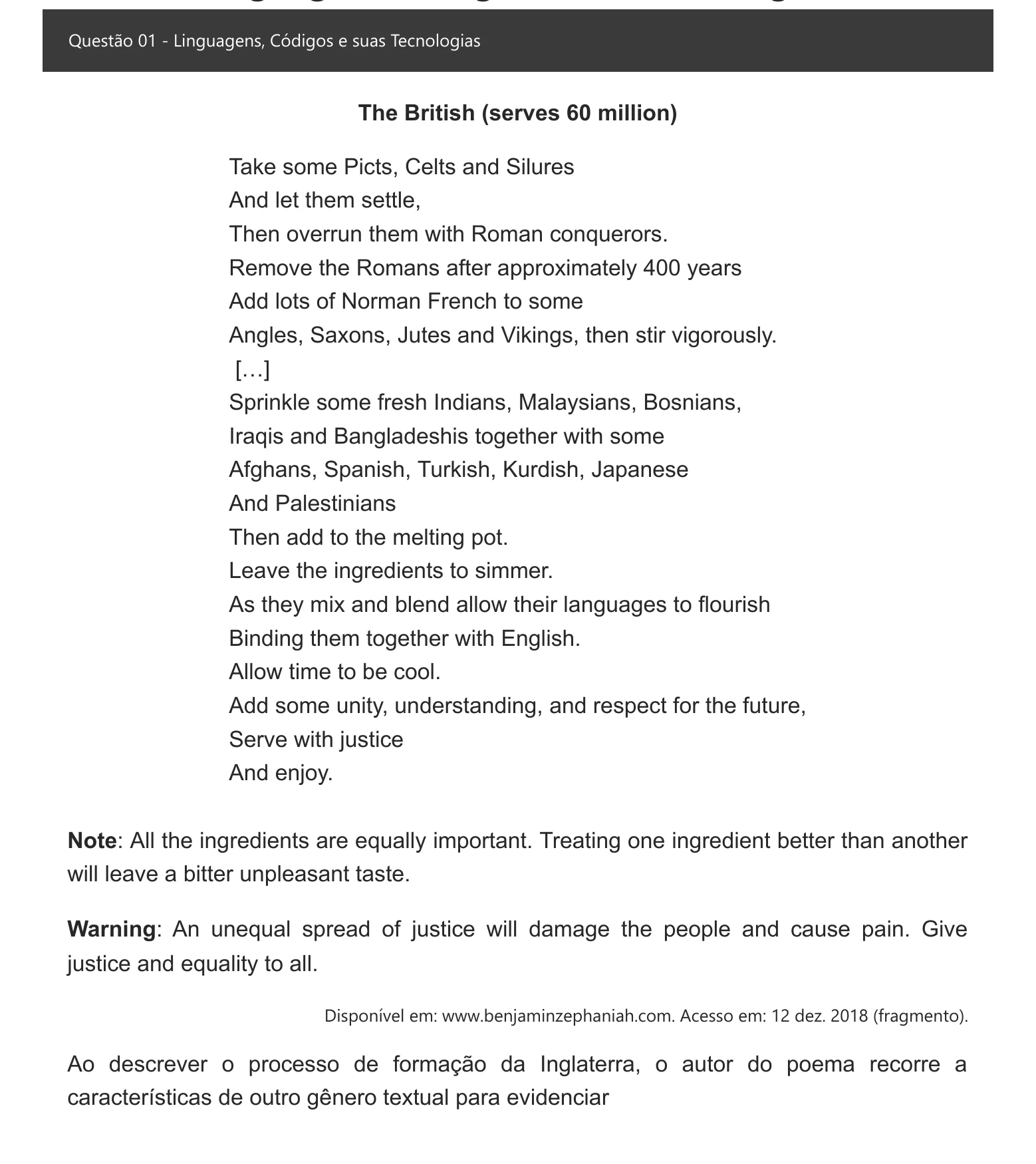 Enunciado visual completo da questão 1 do ENEM 2021 - 1º Dia – Caderno 4 – Rosa – Inglês – Aplicação digital, página 6.