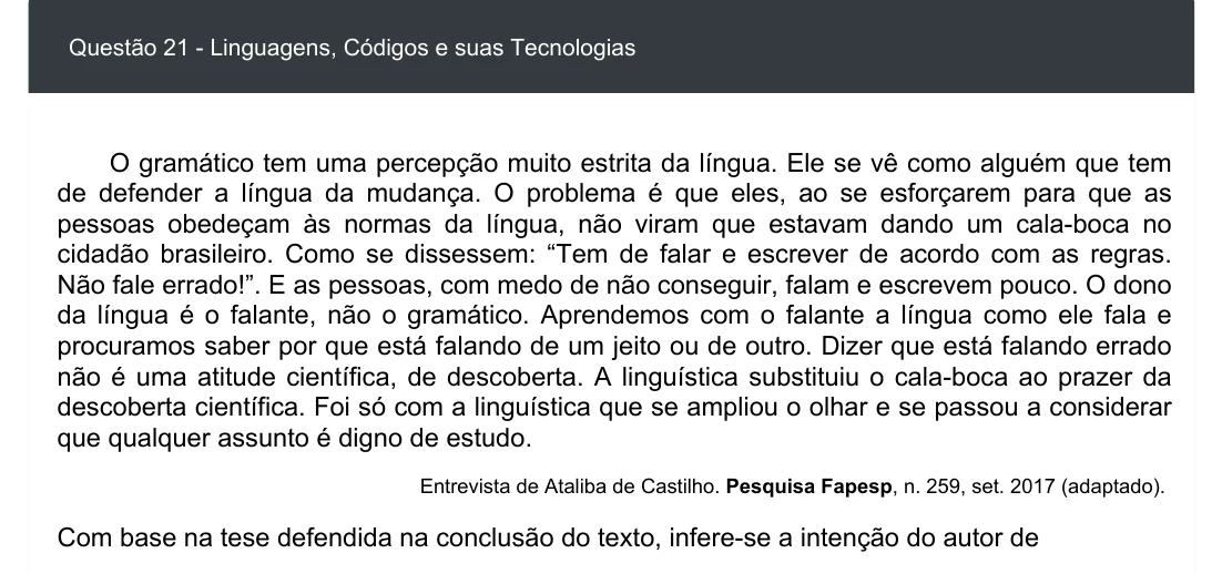 Enunciado visual completo da questão 21 do ENEM 2020 - 1º Dia - Caderno 3 – Branco – Inglês – Aplicação digital, página 25.