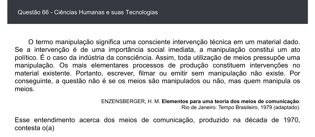 Enunciado visual completo da questão 66 do ENEM 2020 - 1º Dia - Caderno 3 – Branco – Inglês – Aplicação digital, página 74.