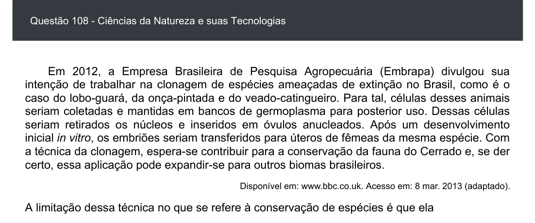 Enunciado visual completo da questão 108 do ENEM 2020 - 2º Dia - Caderno 5 – Amarelo – Aplicação digital, página 22.