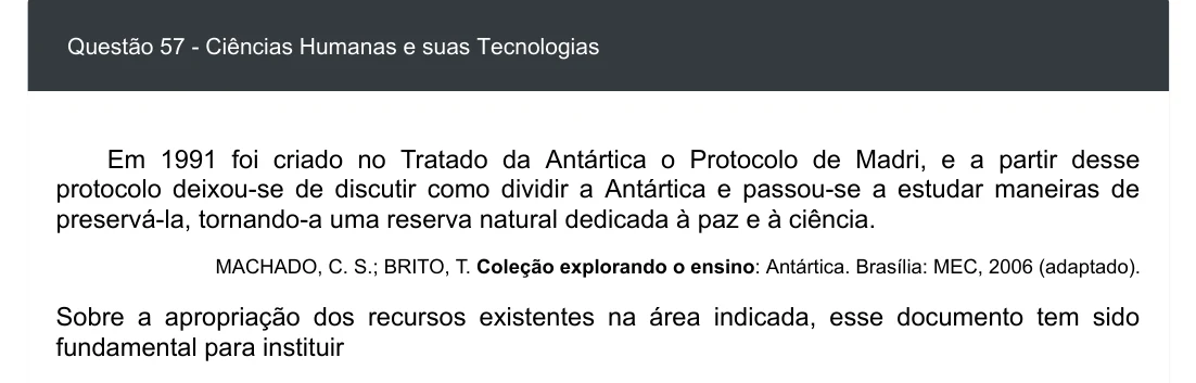 Enunciado visual completo da questão 57 do ENEM 2020 - 1º Dia - Caderno 3 – Branco – Inglês – Aplicação digital, página 65.