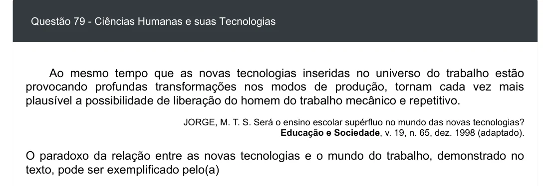 Enunciado visual completo da questão 79 do ENEM 2020 - 1º Dia - Caderno 4 – Rosa – Espanhol – Aplicação digital, página 87.