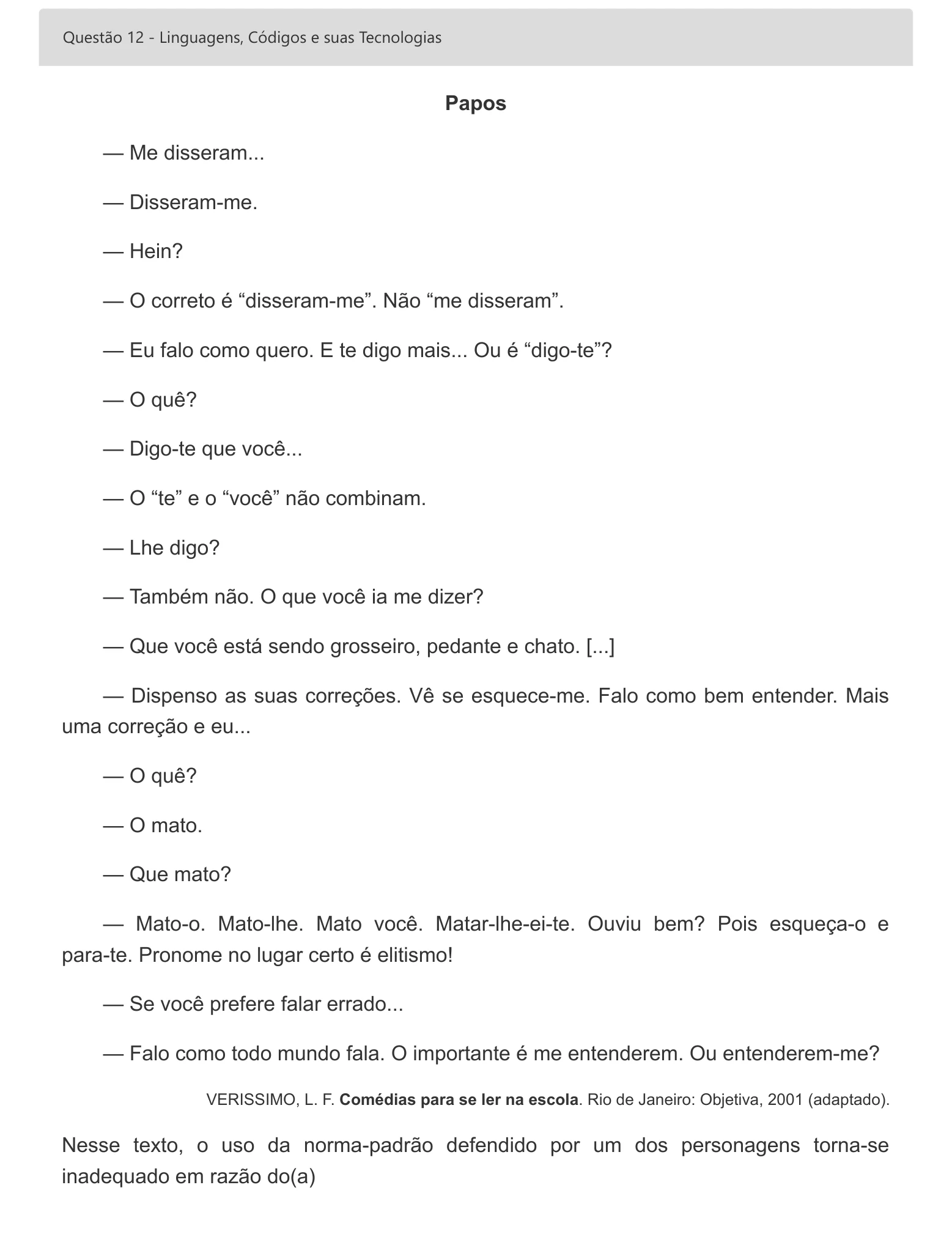 Enunciado visual completo da questão 12 do ENEM 2022 - 1º Dia – Caderno 1 – Azul – Espanhol – Aplicação digital, página 20.