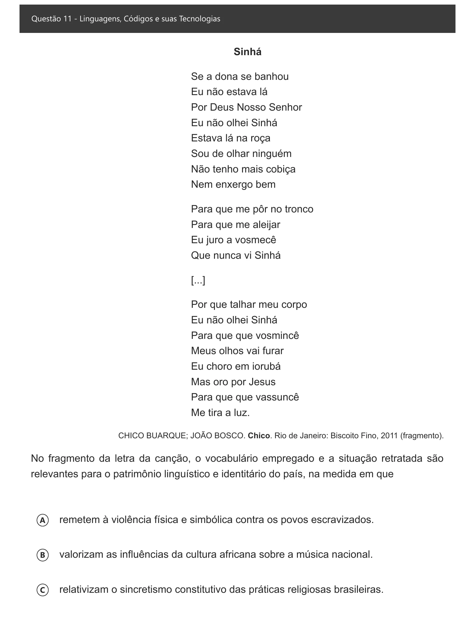 Enunciado visual completo da questão 11 do ENEM 2021 - 1º Dia – Caderno 1 – Azul – Espanhol – Aplicação digital, página 16.