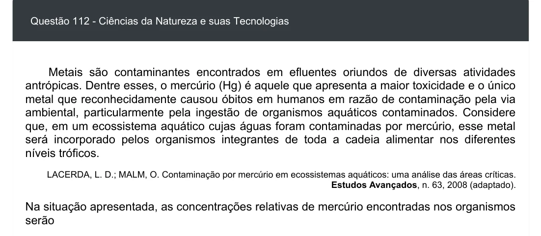 Enunciado visual completo da questão 112 do ENEM 2020 - 2º Dia - Caderno 5 – Amarelo – Aplicação digital, página 26.