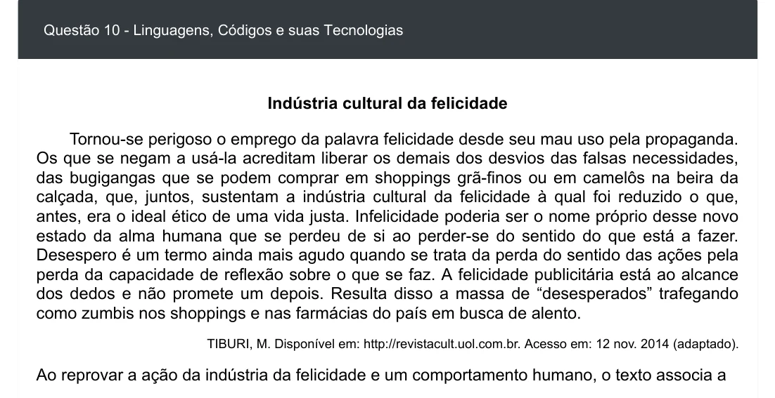 Enunciado visual completo da questão 10 do ENEM 2020 - 1º Dia - Caderno 4 – Rosa – Espanhol – Aplicação digital, página 14.