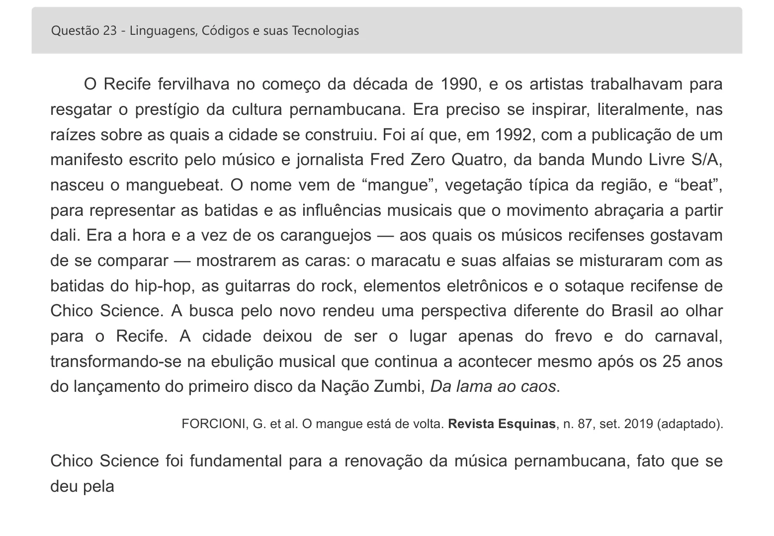 Enunciado visual completo da questão 23 do ENEM 2022 - 1º Dia – Caderno 4 – Rosa – Espanhol – Aplicação digital, página 33.