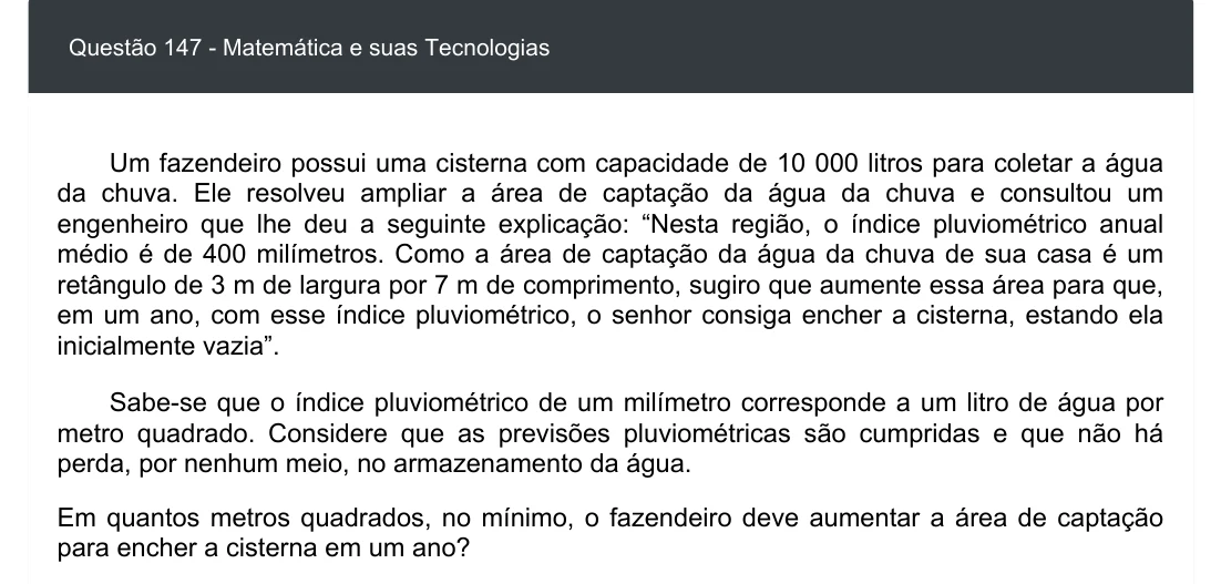 Enunciado visual completo da questão 147 do ENEM 2020 - 2º Dia - Caderno 5 – Amarelo – Aplicação digital, página 62.