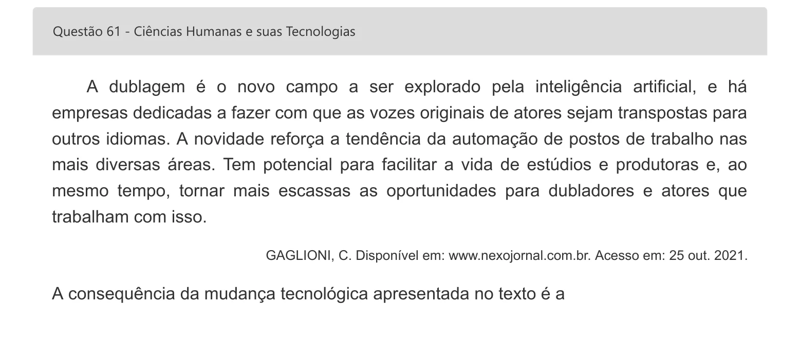 Enunciado visual completo da questão 61 do ENEM 2022 - 1º Dia – Caderno 1 – Azul – Espanhol – Aplicação digital, página 76.