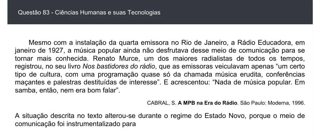 Enunciado visual completo da questão 83 do ENEM 2020 - 1º Dia - Caderno 3 – Branco – Inglês – Aplicação digital, página 91.