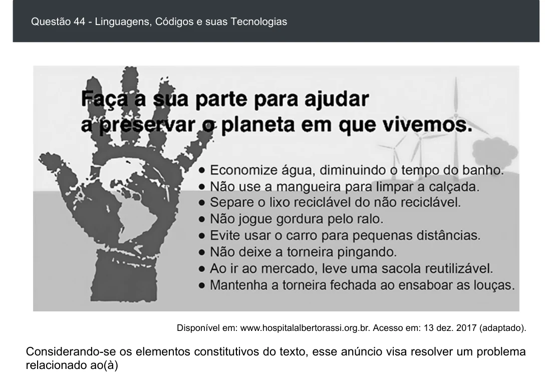 Enunciado visual completo da questão 44 do ENEM 2020 - 1º Dia - Caderno 2 – Amarelo – Espanhol – Aplicação digital, página 49.