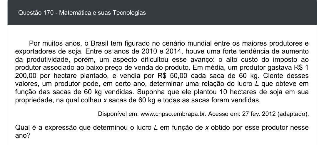 Enunciado visual completo da questão 170 do ENEM 2020 - 2º Dia - Caderno 7 – Azul – Aplicação digital, página 85.