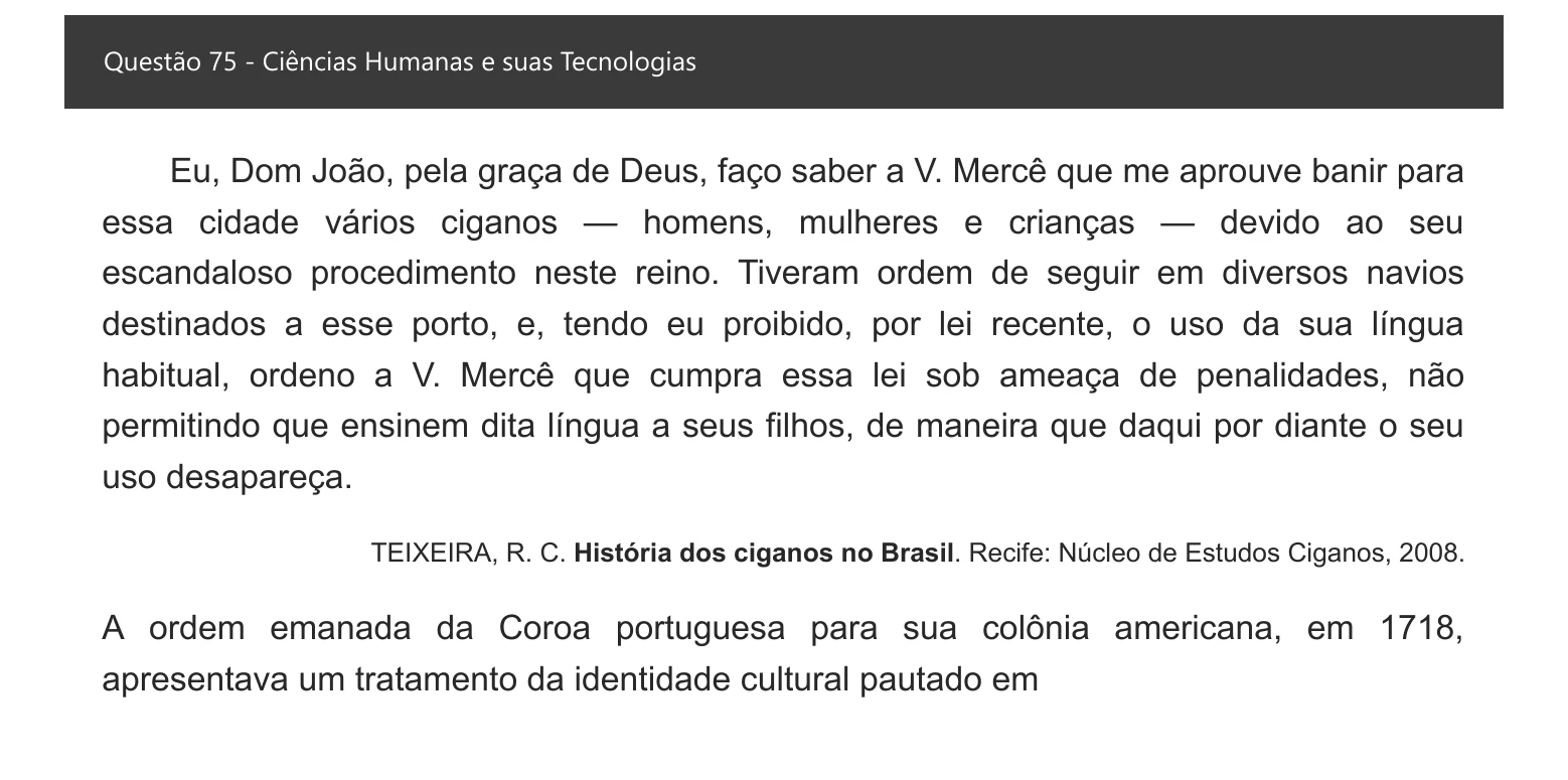 Enunciado visual completo da questão 75 do ENEM 2021 - 1º Dia – Caderno 2 – Amarelo – Inglês – Aplicação digital, página 83.