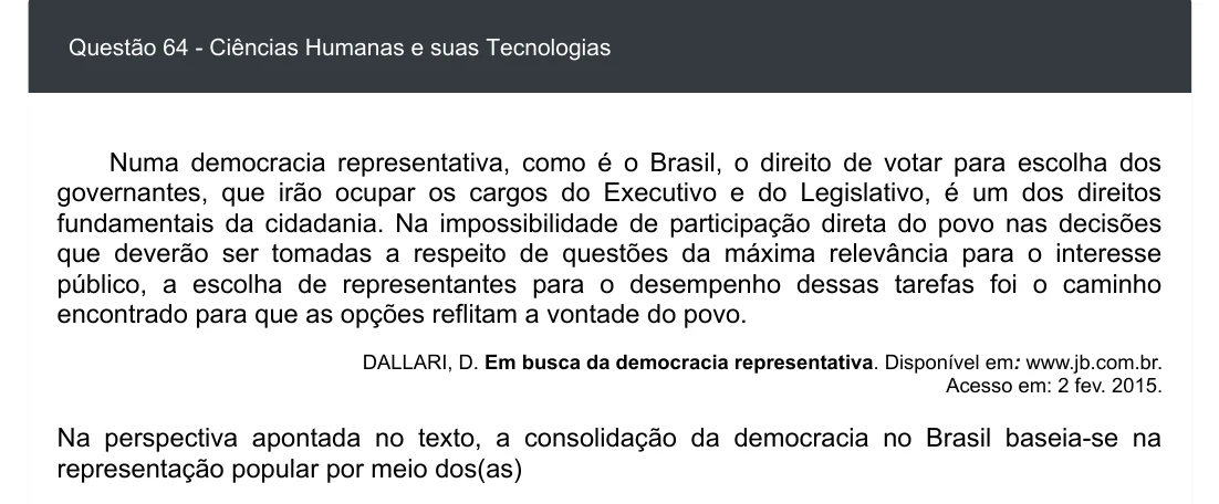 Enunciado visual completo da questão 64 do ENEM 2020 - 1º Dia - Caderno 4 – Rosa – Espanhol – Aplicação digital, página 72.