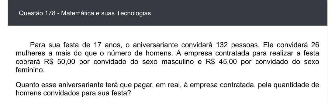 Enunciado visual completo da questão 178 do ENEM 2020 - 2º Dia - Caderno 5 – Amarelo – Aplicação digital, página 94.