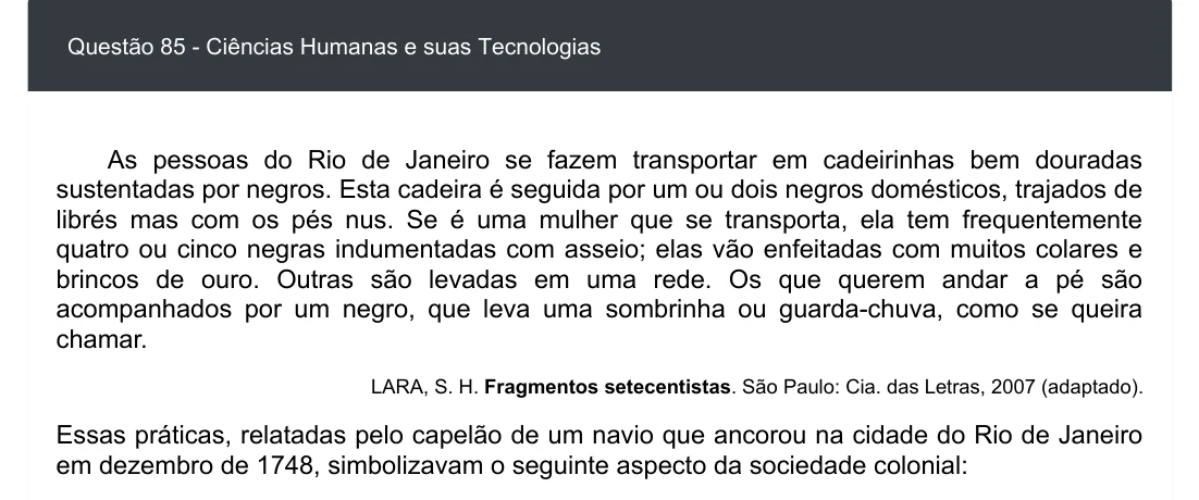 Enunciado visual completo da questão 85 do ENEM 2020 - 1º Dia - Caderno 4 – Rosa – Espanhol – Aplicação digital, página 93.