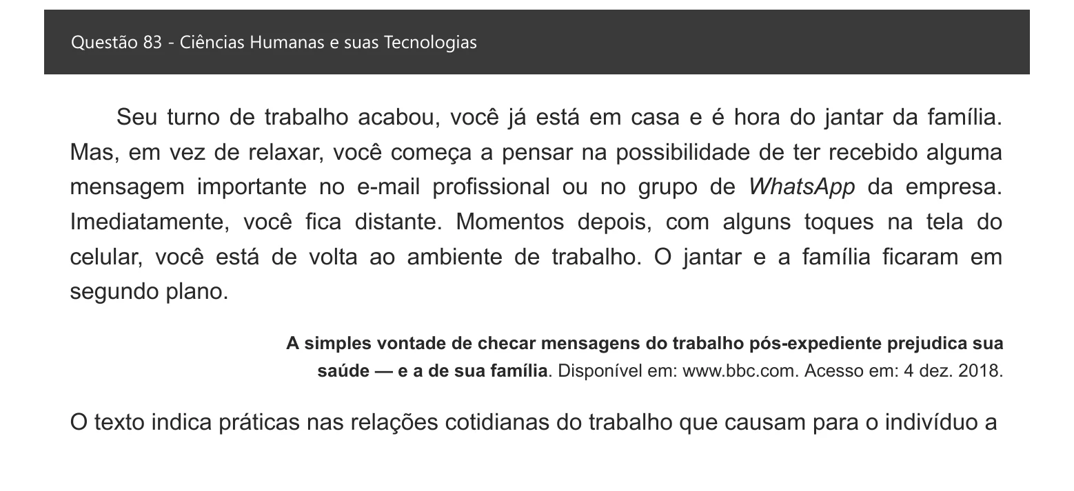 Enunciado visual completo da questão 83 do ENEM 2021 - 1º Dia – Caderno 3 – Branco – Inglês – Aplicação digital, página 91.