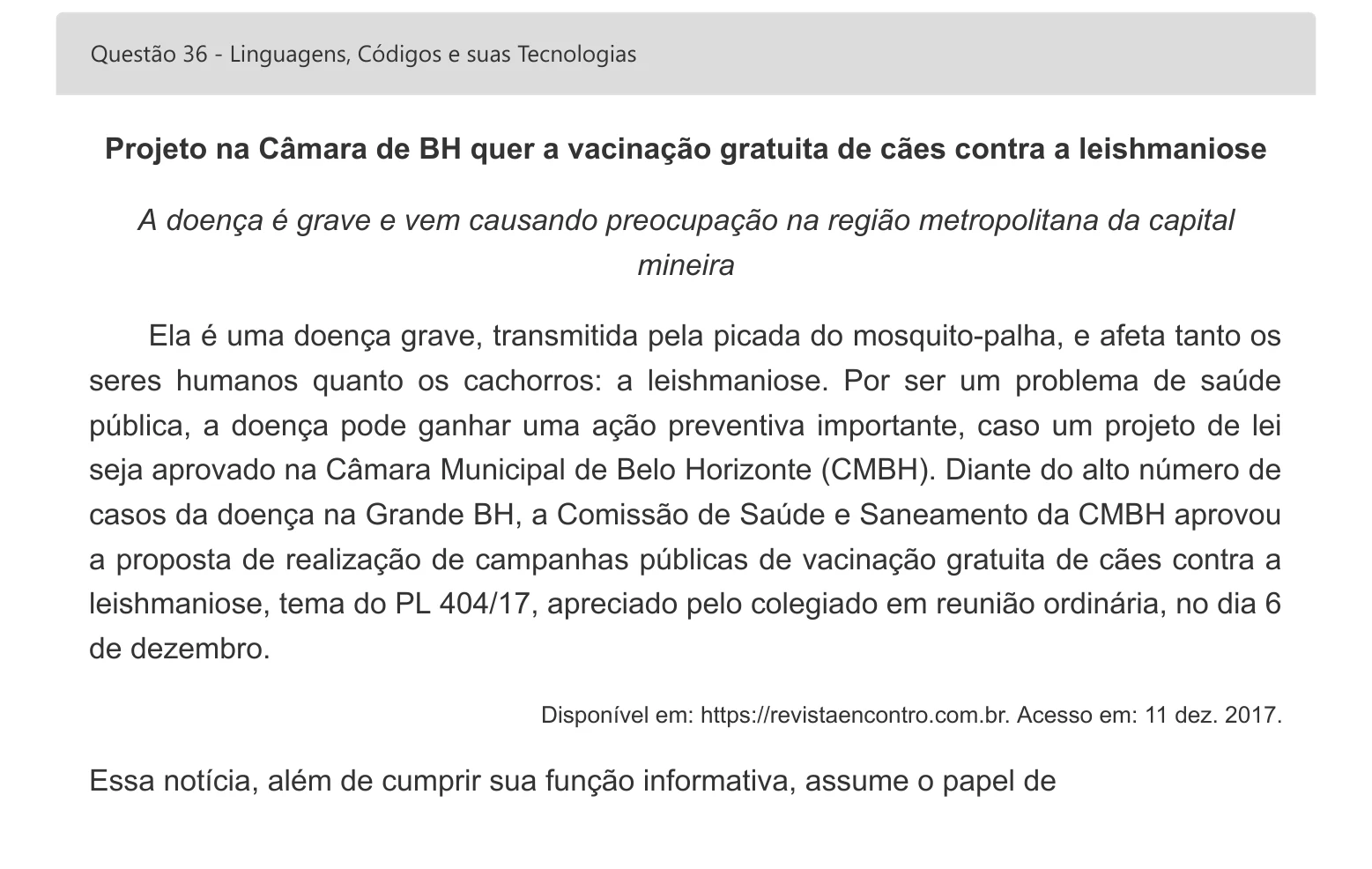 Enunciado visual completo da questão 36 do ENEM 2022 - 1º Dia – Caderno 1 – Azul – Espanhol – Aplicação digital, página 45.
