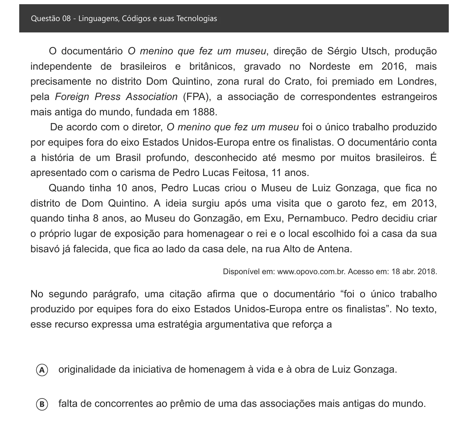 Enunciado visual completo da questão 8 do ENEM 2021 - 1º Dia – Caderno 1 – Azul – Espanhol – Aplicação digital, página 13.
