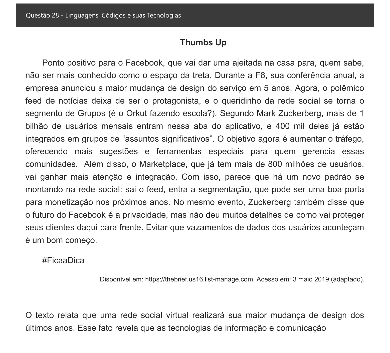 Enunciado visual completo da questão 28 do ENEM 2021 - 1º Dia – Caderno 1 – Azul – Espanhol – Aplicação digital, página 33.
