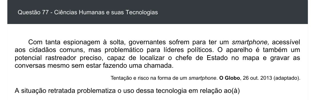 Enunciado visual completo da questão 77 do ENEM 2020 - 1º Dia - Caderno 3 – Branco – Inglês – Aplicação digital, página 85.