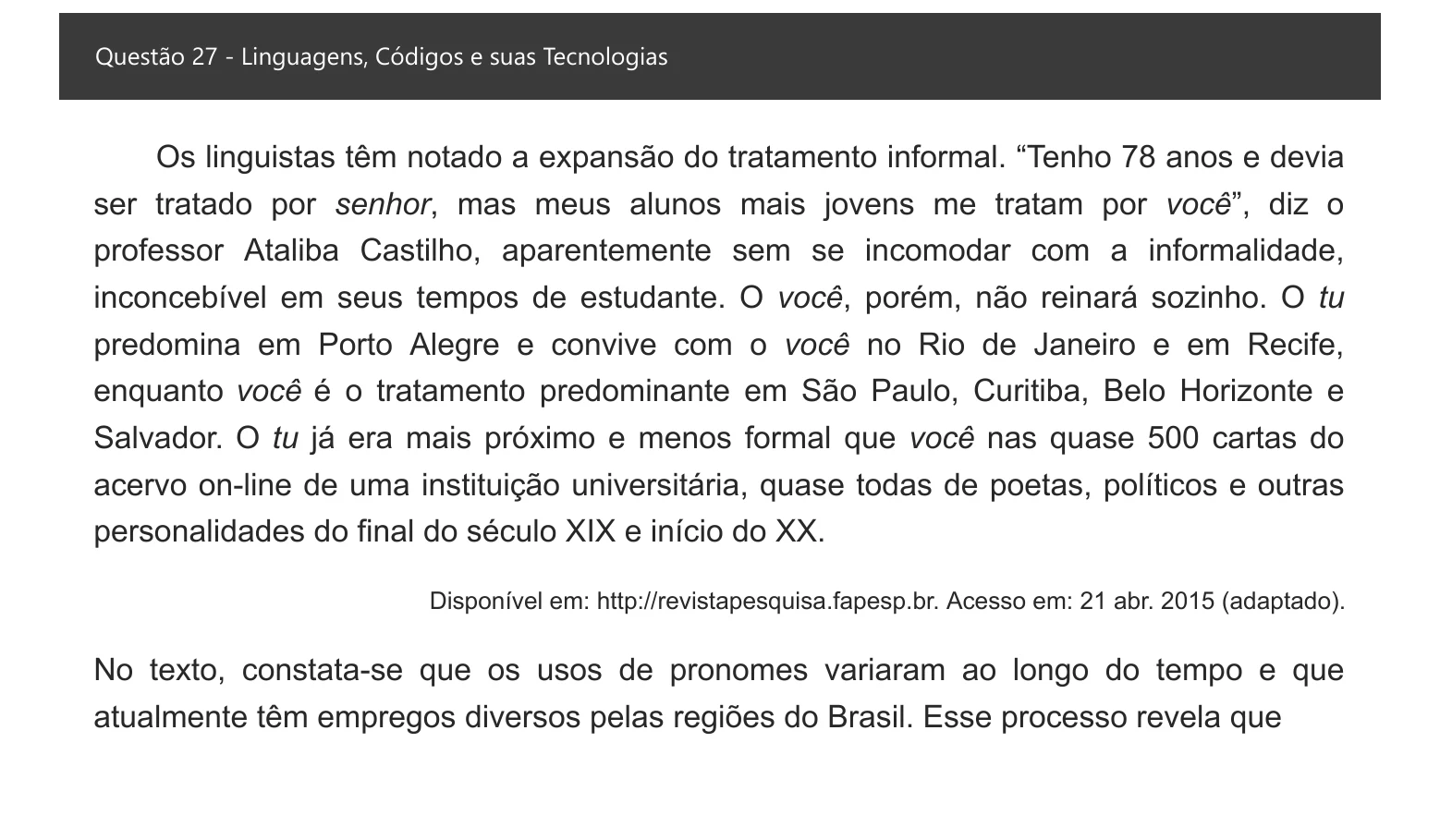 Enunciado visual completo da questão 27 do ENEM 2021 - 1º Dia – Caderno 3 – Branco – Inglês – Aplicação digital, página 32.