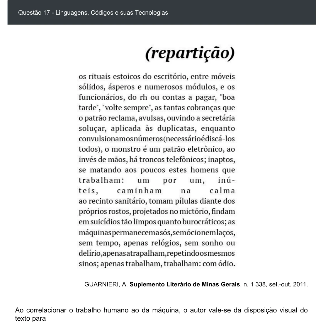 Enunciado visual completo da questão 17 do ENEM 2020 - 1º Dia - Caderno 3 – Branco – Espanhol – Aplicação digital, página 22.