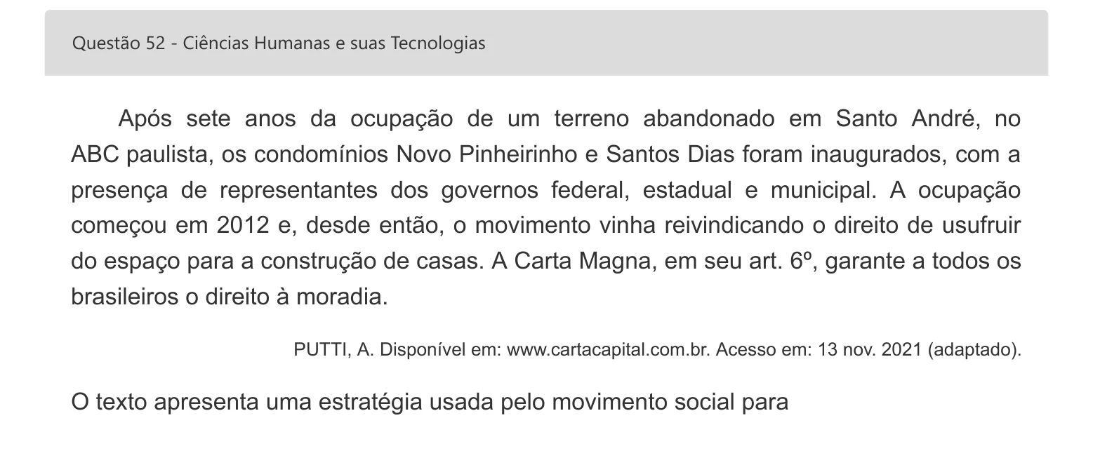 Enunciado visual completo da questão 52 do ENEM 2022 - 1º Dia – Caderno 2 – Amarelo – Inglês – Aplicação digital, página 65.