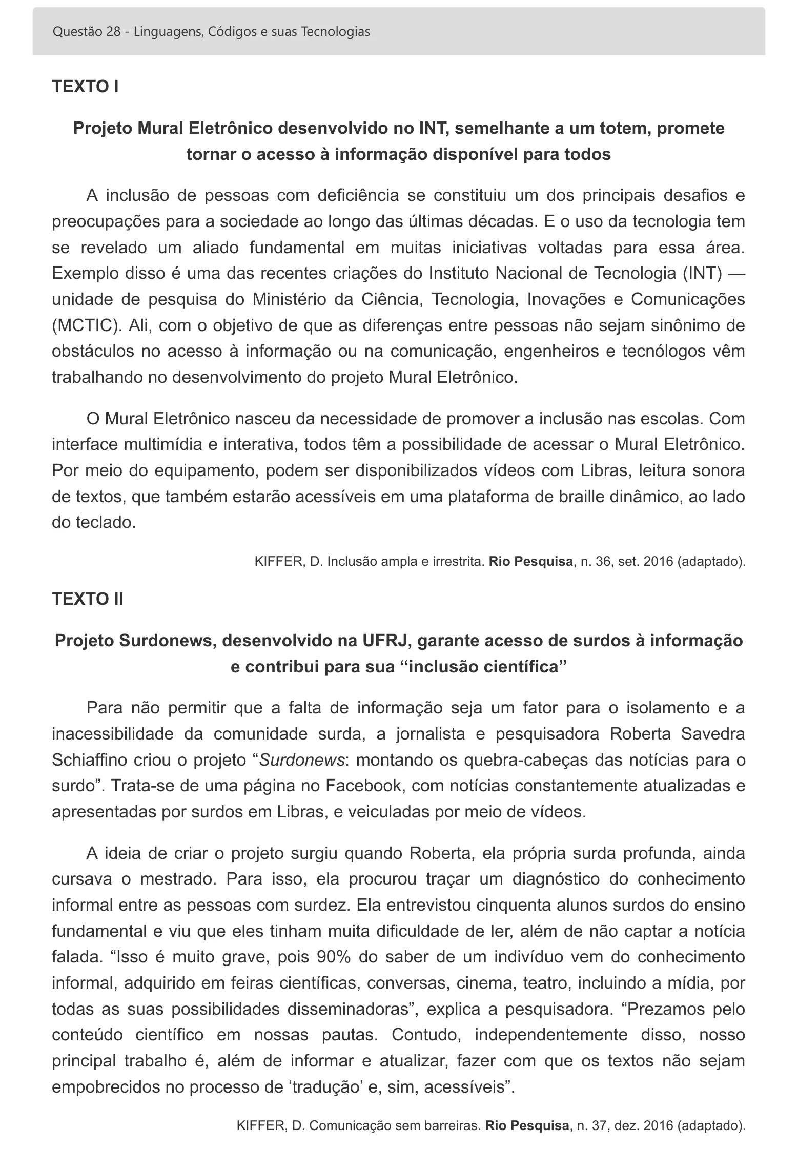 Enunciado visual completo da questão 28 do ENEM 2022 - 1º Dia – Caderno 2 – Amarelo – Inglês – Aplicação digital, página 37.