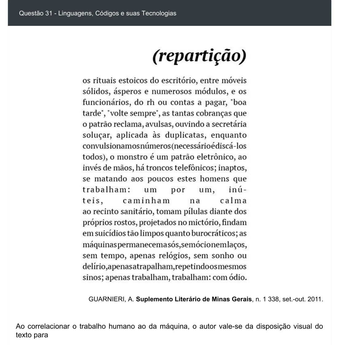 Enunciado visual completo da questão 31 do ENEM 2020 - 1º Dia - Caderno 3 – Branco – Inglês – Aplicação digital, página 36.