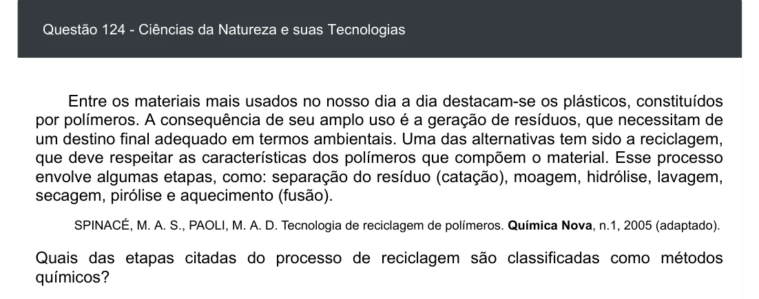 Enunciado visual completo da questão 124 do ENEM 2020 - 2º Dia - Caderno 5 – Amarelo – Aplicação digital, página 39.