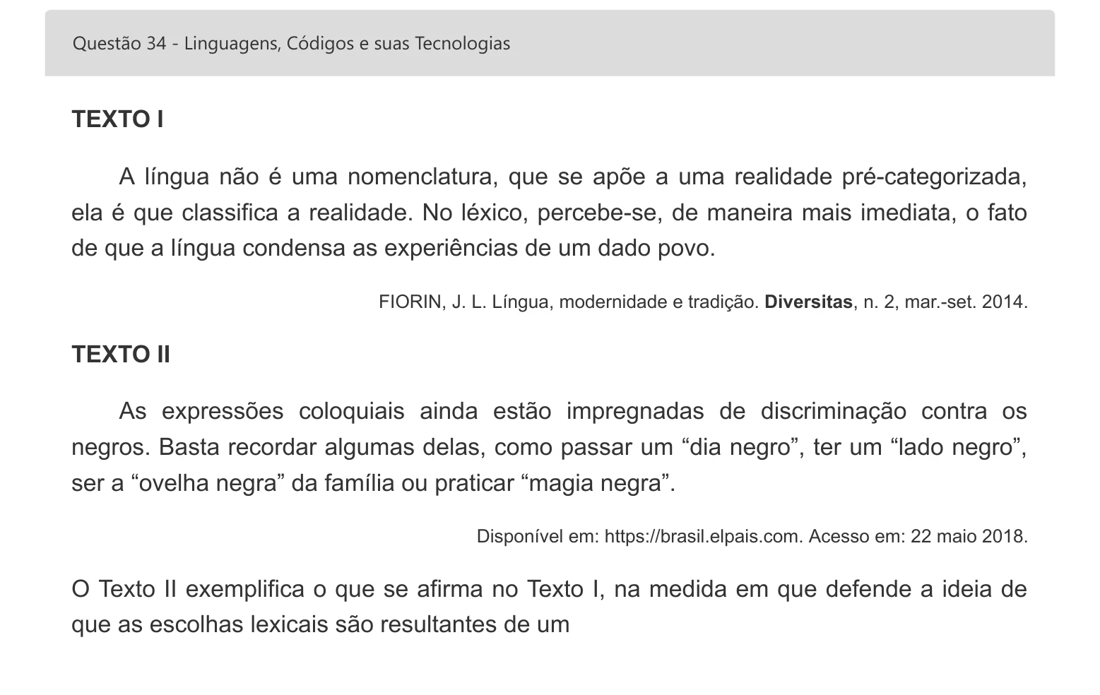 Enunciado visual completo da questão 34 do ENEM 2022 - 1º Dia – Caderno 2 – Amarelo – Inglês – Aplicação digital, página 44.