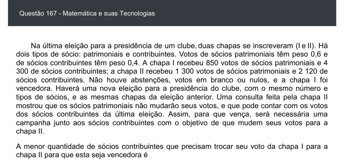 Enunciado visual completo da questão 167 do ENEM 2020 - 2º Dia - Caderno 7 – Azul – Aplicação digital, página 82.