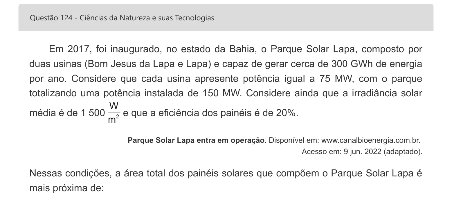 Enunciado visual completo da questão 124 do ENEM 2022 - 2º Dia – Caderno 5 – Amarelo – Aplicação digital, página 42.