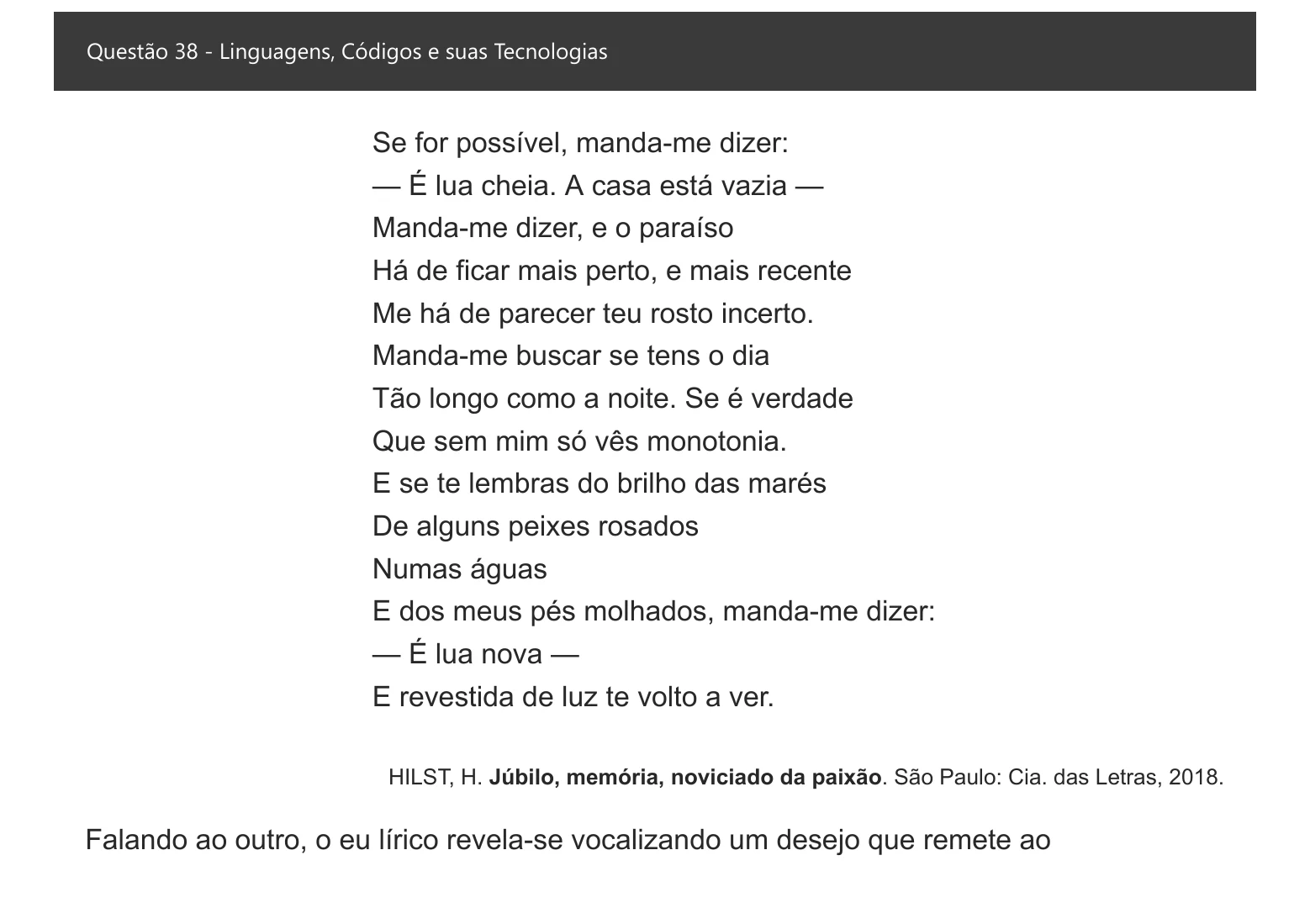 Enunciado visual completo da questão 38 do ENEM 2021 - 1º Dia – Caderno 1 – Azul – Espanhol – Aplicação digital, página 43.