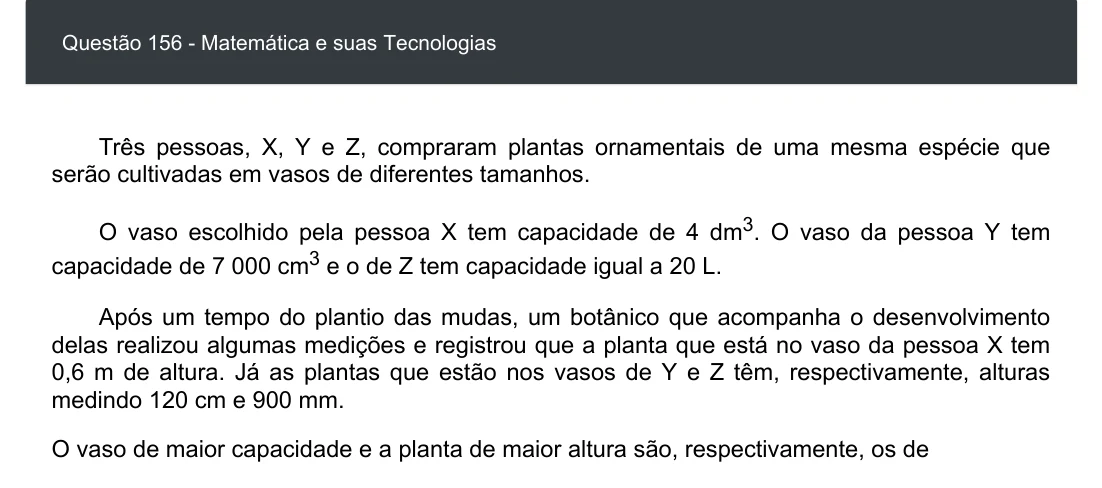 Enunciado visual completo da questão 156 do ENEM 2020 - 2º Dia - Caderno 8 – Rosa – Aplicação digital, página 71.