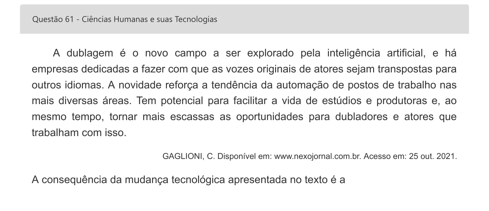 Enunciado visual completo da questão 61 do ENEM 2022 - 1º Dia – Caderno 1 – Azul – Inglês – Aplicação digital, página 75.